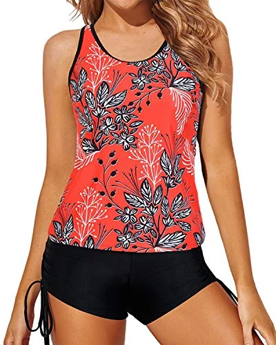 Women's Swimwear Strappy Criss Cross Backless Tankini-Red Floral