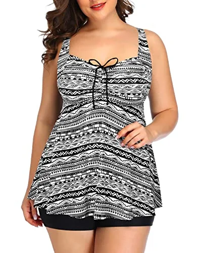 Cut Out Back Tankini Swimsuits Plus Size Flowy Swimwear For Women Shorts-Black Tribal