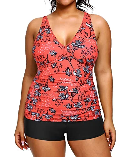 High Waisted Plus Size Swimsuits Shorts Tummy Control Tankini Bathing Suits-Red Floral