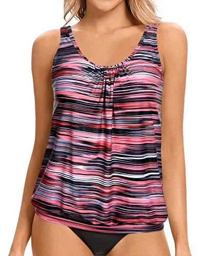 Swim Top Blouson Tankini Top No Bottom Loose Fit-Pink Stripe