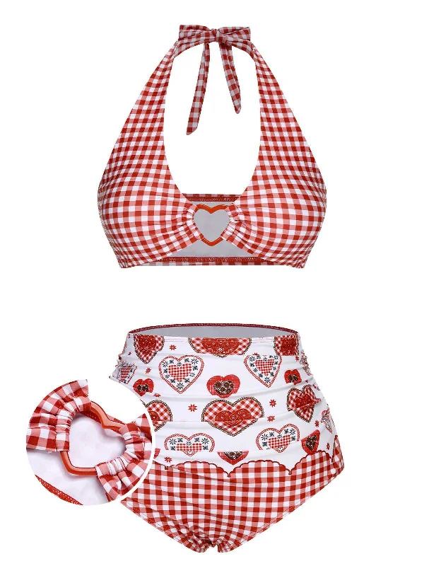 Red 1950s Halter Heart Plaids Swimsuit