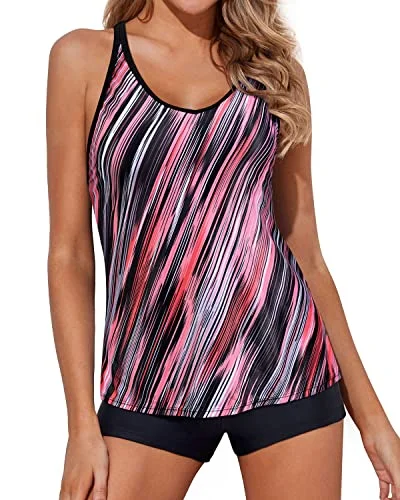 Comfortable Tankini Swimsuits Mid-Waist Shorts For Women-Pink Stripe