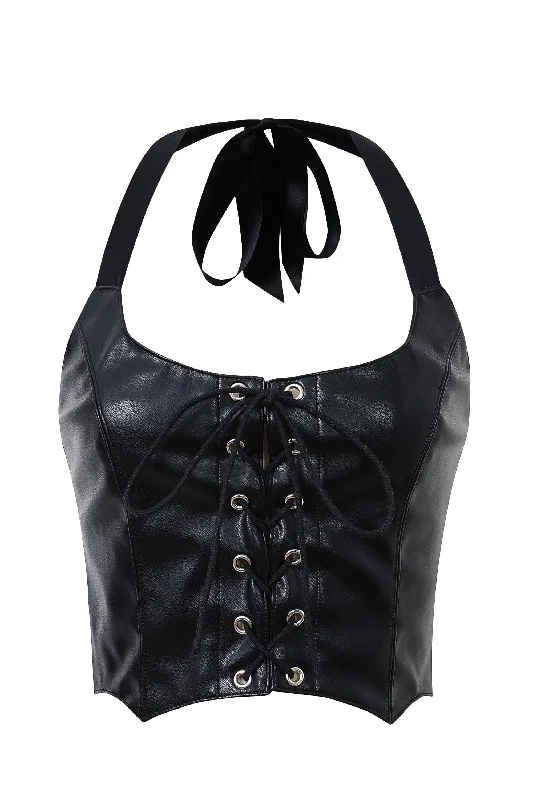 Black Plant Leather Lace Up Halter Top