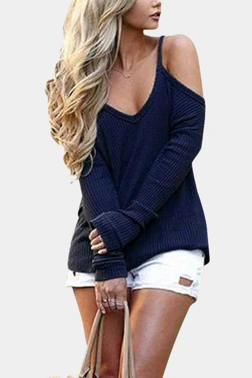 Wholesale V-Neck Cold Shoulder Long Sleeve Blue T-Shirts