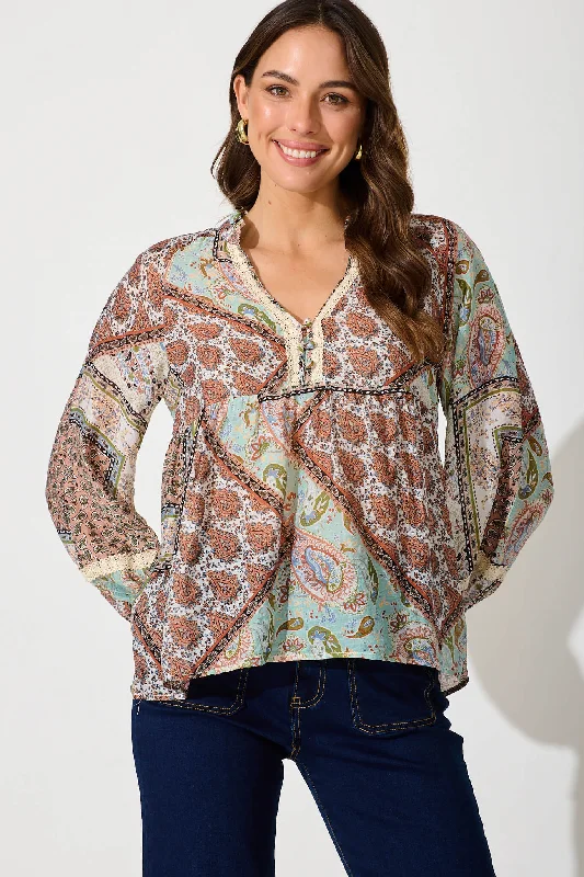 Samara Top In Multi Boho Patchwork Cotton Blend