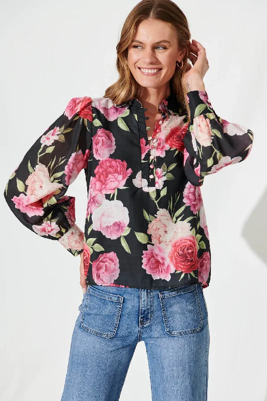 Brunswick Top In Black And Pink Floral