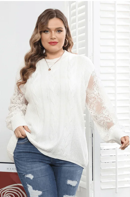 HN Women Plus Size Lace Patchwork Sweater Cable Pattern Long Sleeve Pullover