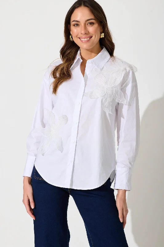 Ada Shirt In White Cotton With Sequin Flower Detail