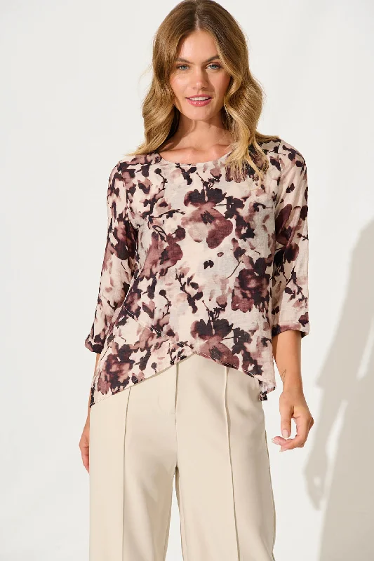 Maddy Top In Chocolate Floral Cotton Blend