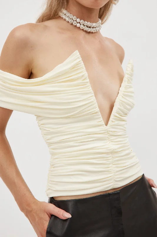 Off Shoulder Ruched Deep V Cream Bustier