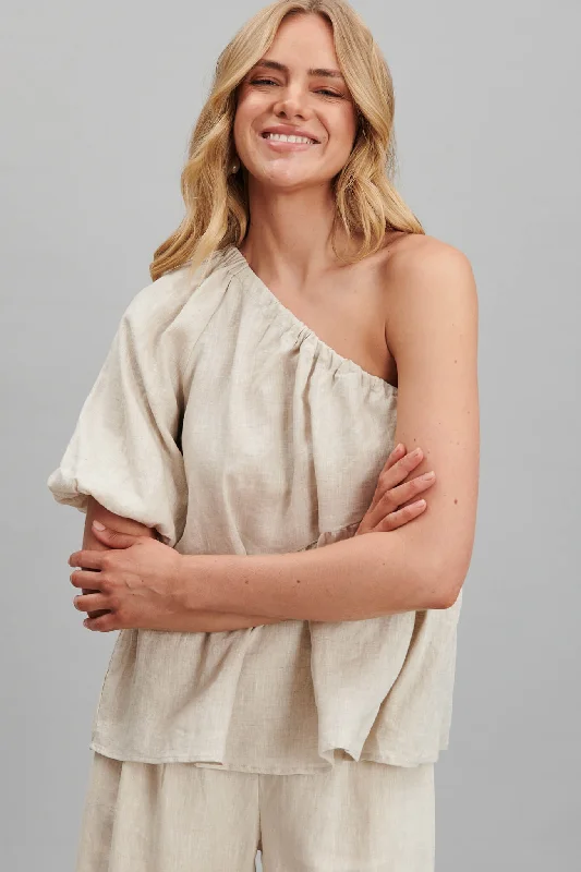 Quest One Shoulder Top In Oatmeal Pure Linen