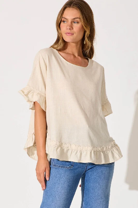 Catharina Top In Oat With Ric Rac Trim Linen Blend