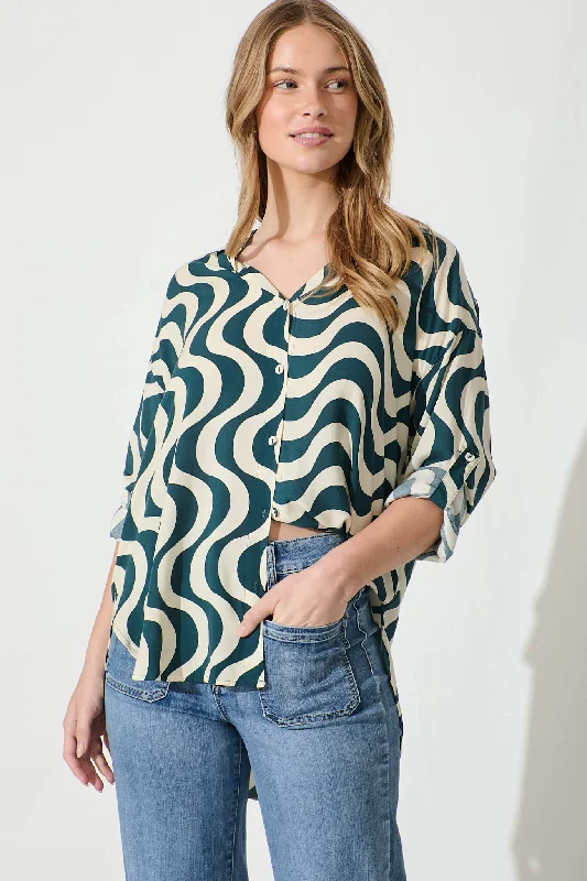 Carin Shirt in Emerald and Cream Swirl Print