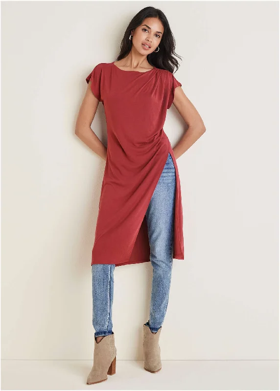 Ruched Slit Maxi Top - Wine