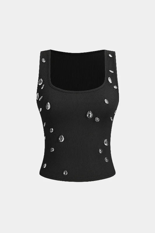 Rhinestone Square Neck Sleeveless Tank Top