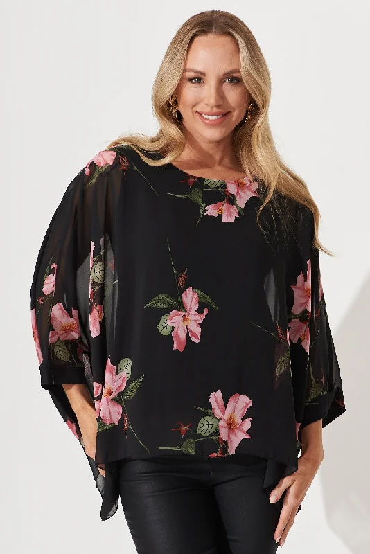 Ophelia Top In Black With Pink Lily Floral Print Chiffon