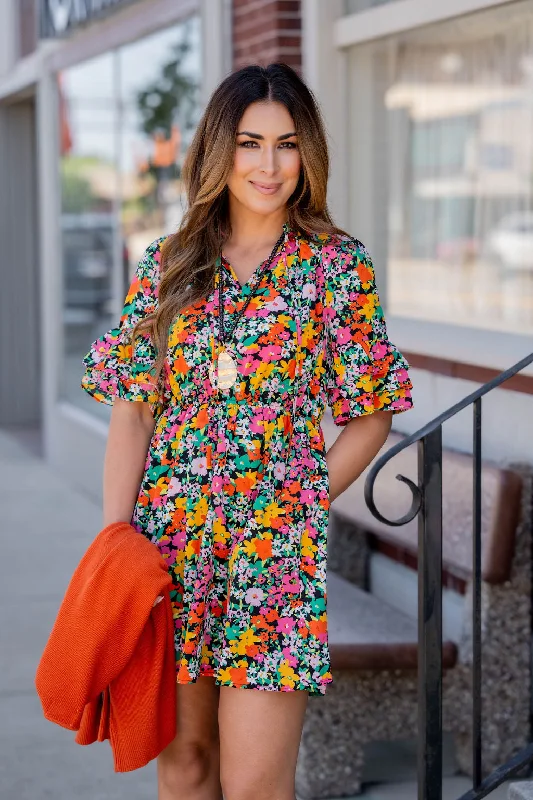 Vibrant Blooms Triple Ruffle Sleeve Dress