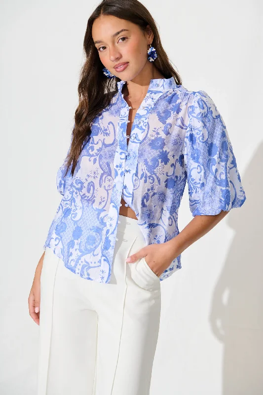 Prudence Shirt in Blue with White Print