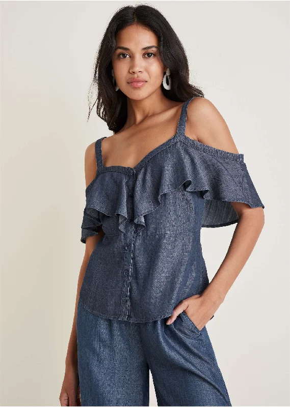 Chambray Ruffle Top - Dark Wash