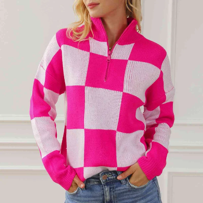 Weekend Discounts to Delight Checkered Half Zip Long Sleeve Sweater