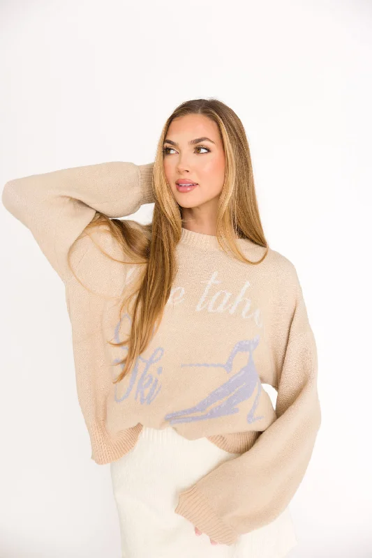 Weekend Offers That Impress Lake Tahoe Ski Graphic Oversized Sweater in Beige