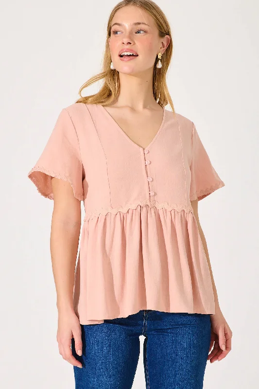 Rory Top In Blush With Ric Rac Trim Linen Blend