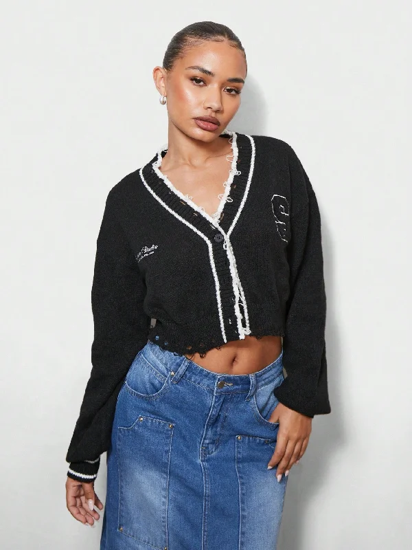 Special Offer SUMWON WOMEN Crop Fit Color Block Distress Button Through Cardigan