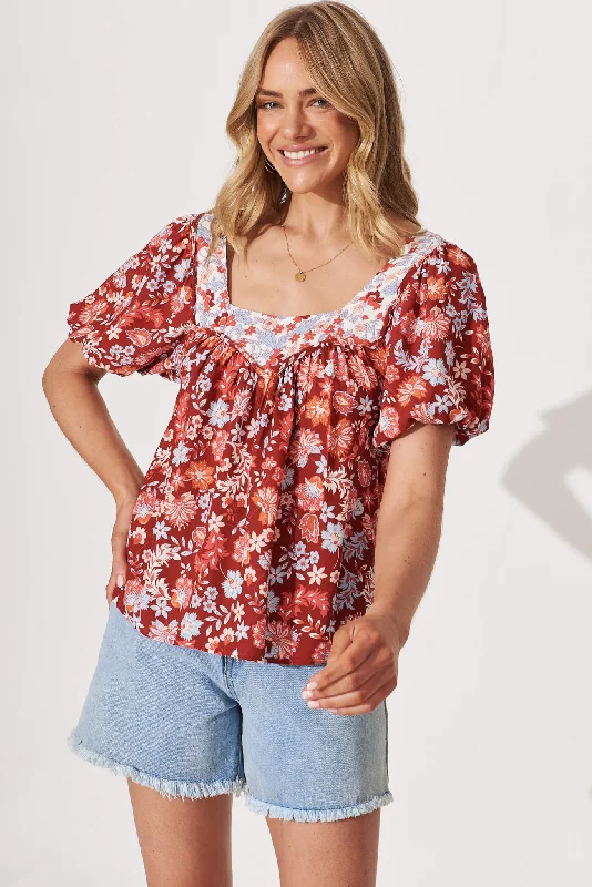 Hali Smock Top In Red Floral