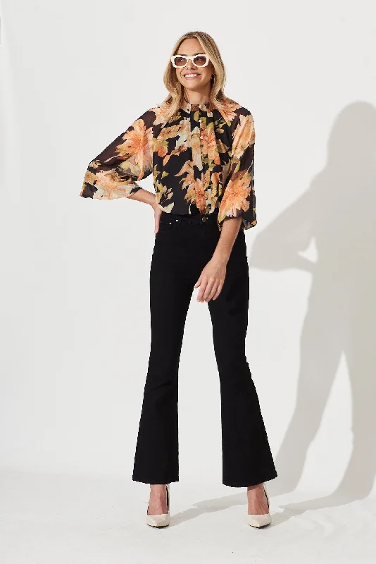 Athol Shirt In Black With Apricot Floral Chiffon