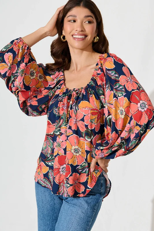 Marion Top In Navy With Rust Floral