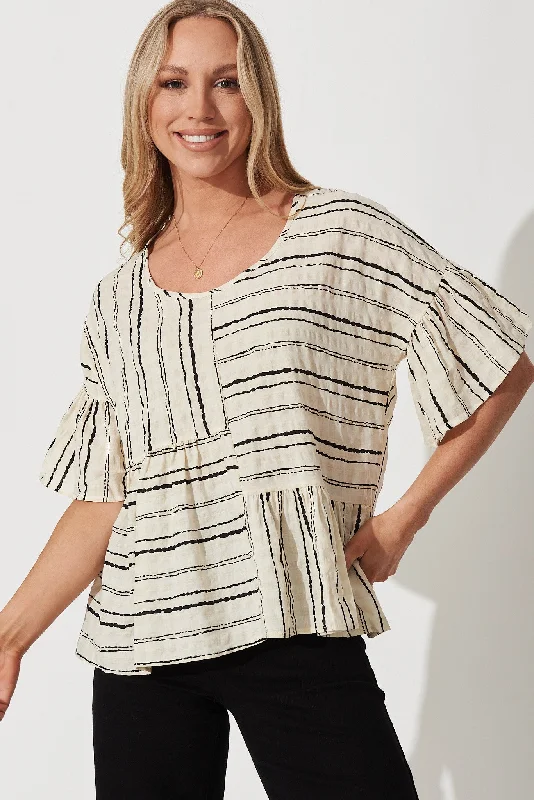 Effie Top In Beige With Black Stripe Cotton