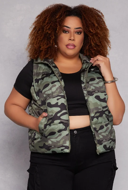 Plus Size Camo Zip Front Puffer Vest