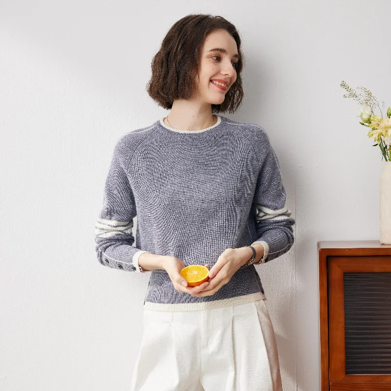 Weekend Deals You Can't Resist 100% Cashmere Striped Sleeve Round Neck Sweater
