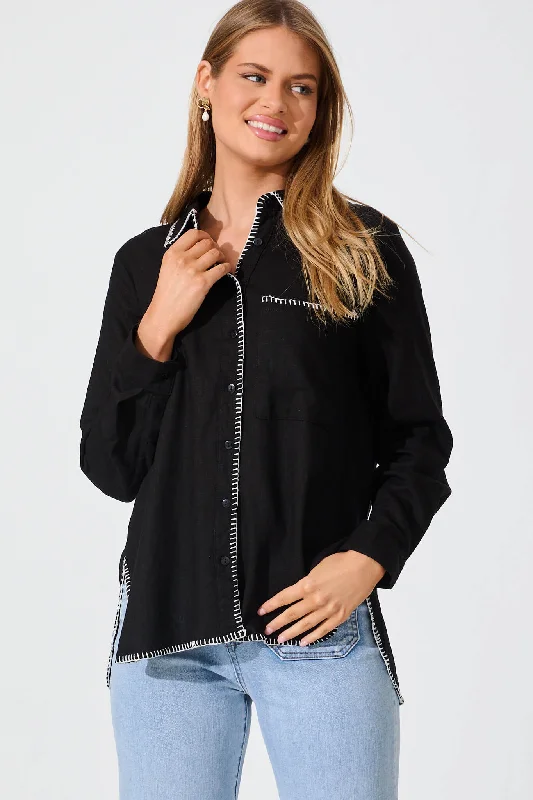 Brielle Shirt In Black With White Contrast Linen Cotton