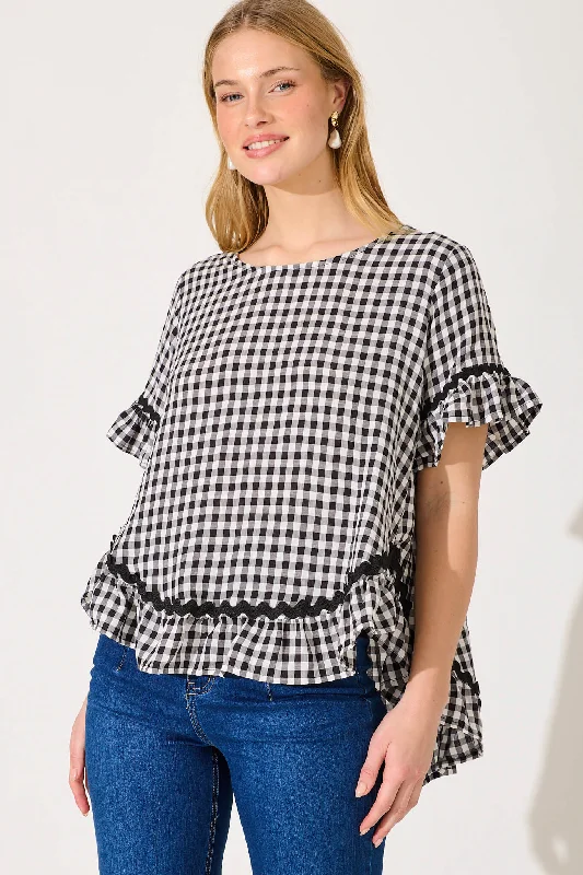 Catharina Top In Black Gingham And Ric Rac Trim Cotton Blend