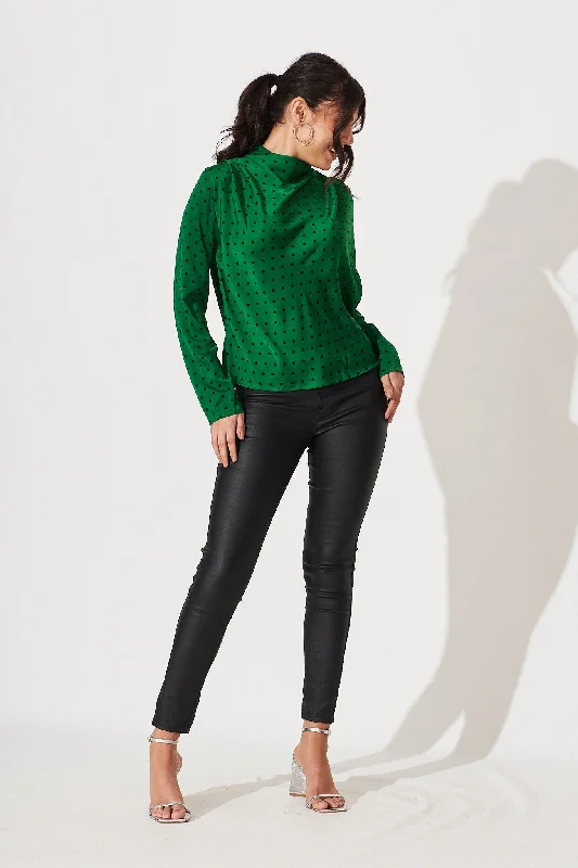 Lucine Top In Green With Black Polka Dot Satin