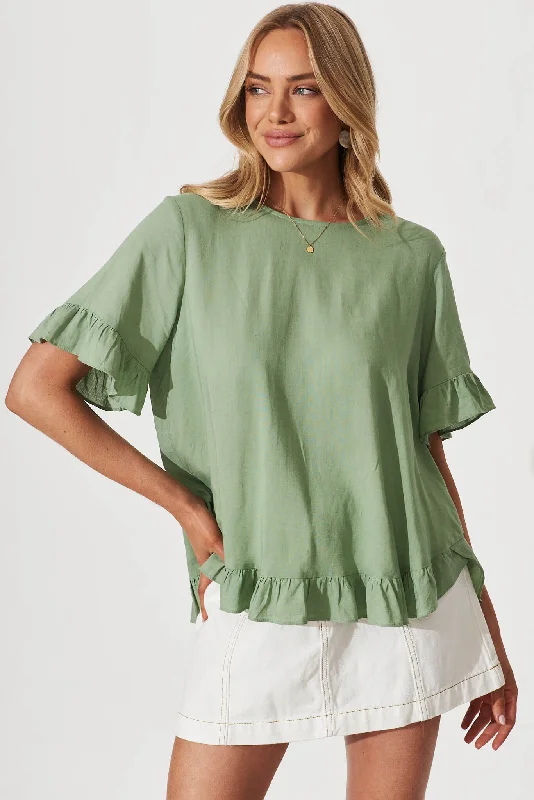 Carmeline Smock Top In Sage Linen Blend