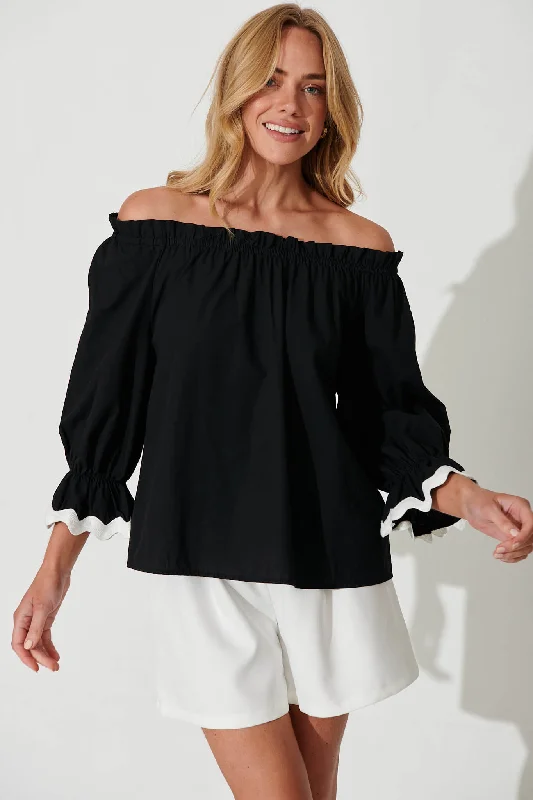 Imani Top In Black With White Ric Rac Trim Cotton