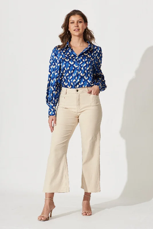 Mackay Shirt In Blue With Beige Print Satin