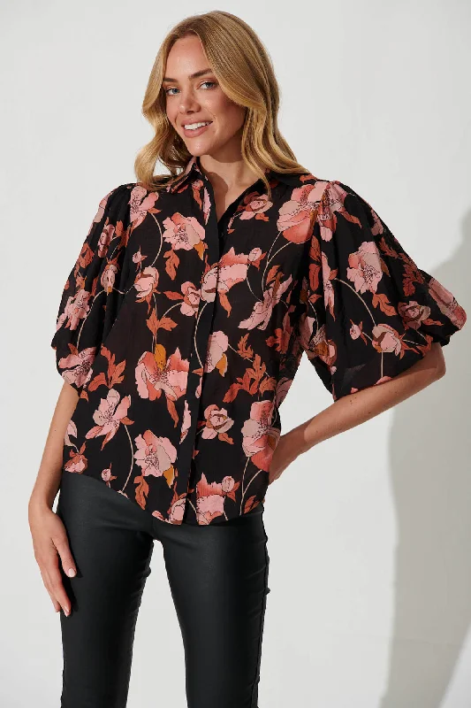 Cairo Shirt In Black With Peach Floral Print