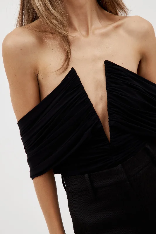 Off Shoulder Ruched Deep V Black Bustier