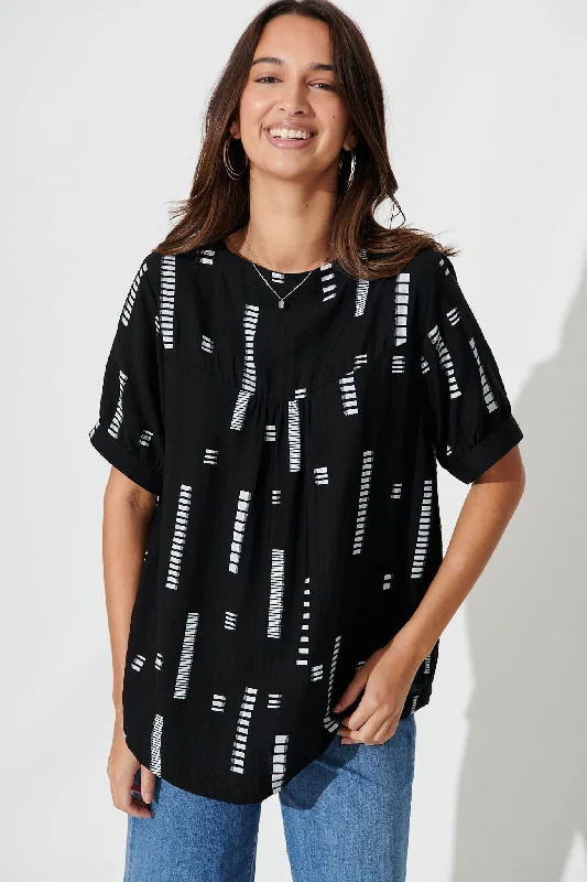 Larsson Top In Black With White Print Cotton Blend