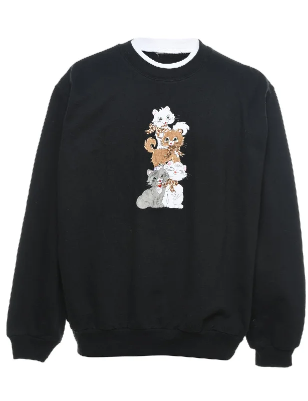 Cat Black Embroidered Sweatshirt - M