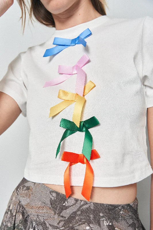 Satin 5 Bow Crop Tommy Tee White