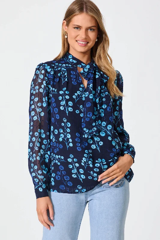 Wanda Top In Navy Print Chiffon