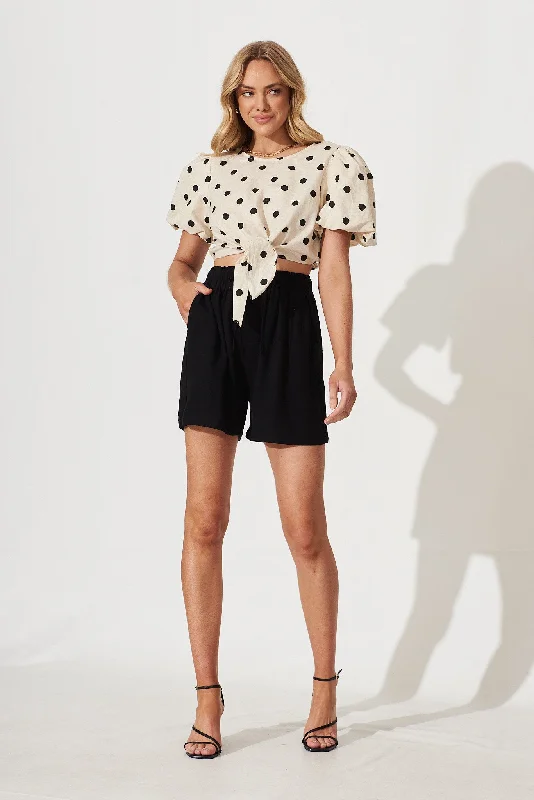 Bell Top In Oatmeal With Black Polka Dot Linen Blend