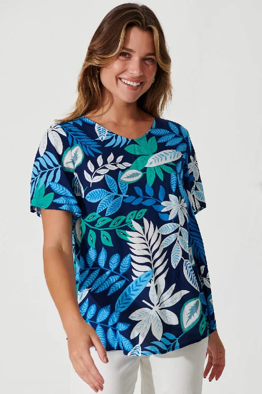 Phillipa Top In Navy With Blue Leaf Print