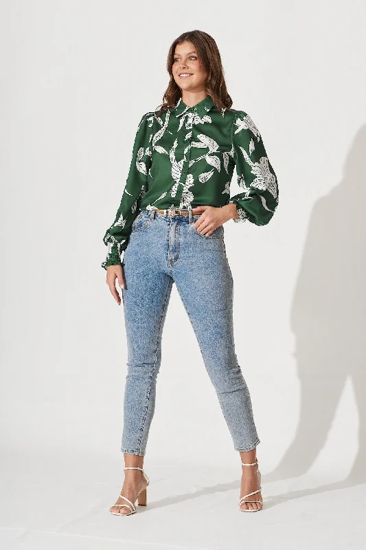 Callia Shirt In Green With White Floral Print