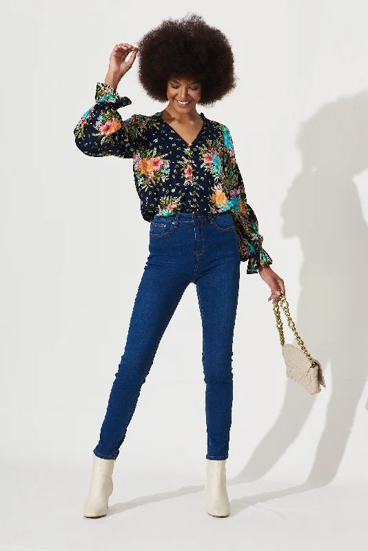 Chariot Shirt In Navy With Multi Tropical Print