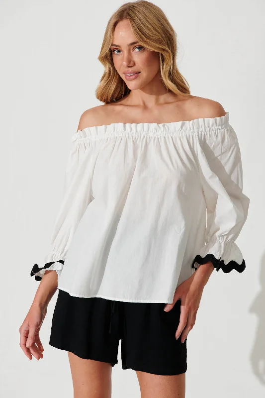 Imani Top In White With Black Ric Rac Trim Cotton